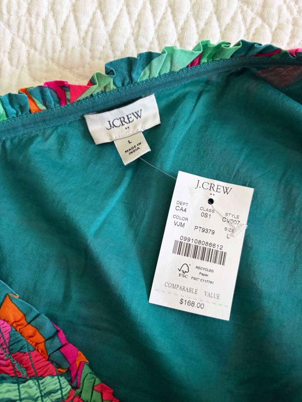 JCREW FACTORY One-shoulder smocked midi dress. Vivid Jade Multi. Large. - Picture 9 of 9